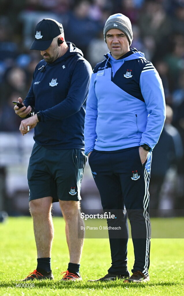 22 March 2026; Dublin manager Ger Brennan, right, with Dublin coach Martin Kennedy before the Allianz Football League Division 1 match between Galway and Dublin at Pearse Stadium in Galway. Photo by Piaras Ó Mídheach/Sportsfile