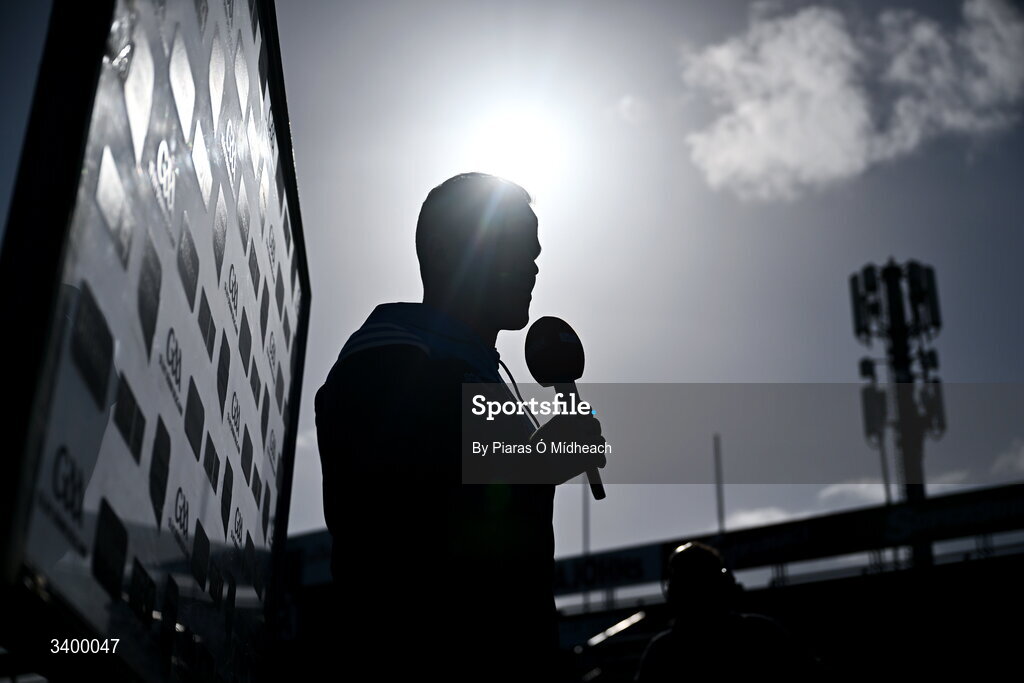 22 March 2026; Dublin manager Ger Brennan is interviewed by TG4 before the Allianz Football League Division 1 match between Galway and Dublin at Pearse Stadium in Galway. Photo by Piaras Ó Mídheach/Sportsfile