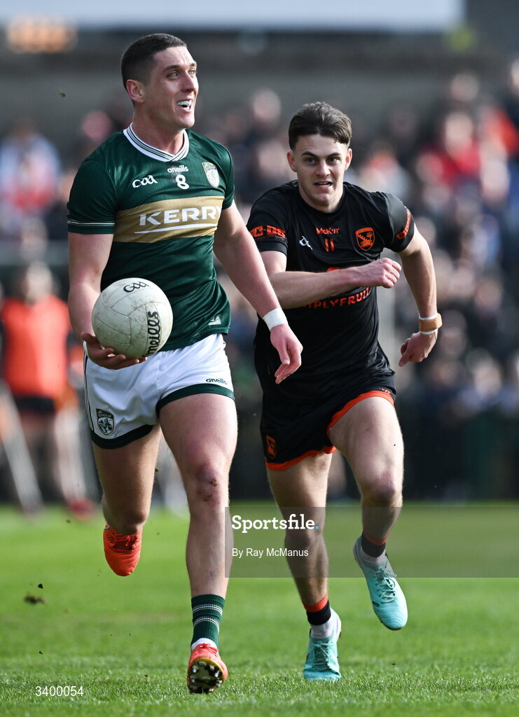 22 March 2026; Joe O'Connor of Kerry in action against Darragh McMullen of Armagh during the Allianz Football League Division 1 match between Armagh and Kerry at BOX-IT Athletic Grounds in Armagh. Photo by Ray McManus/Sportsfile
