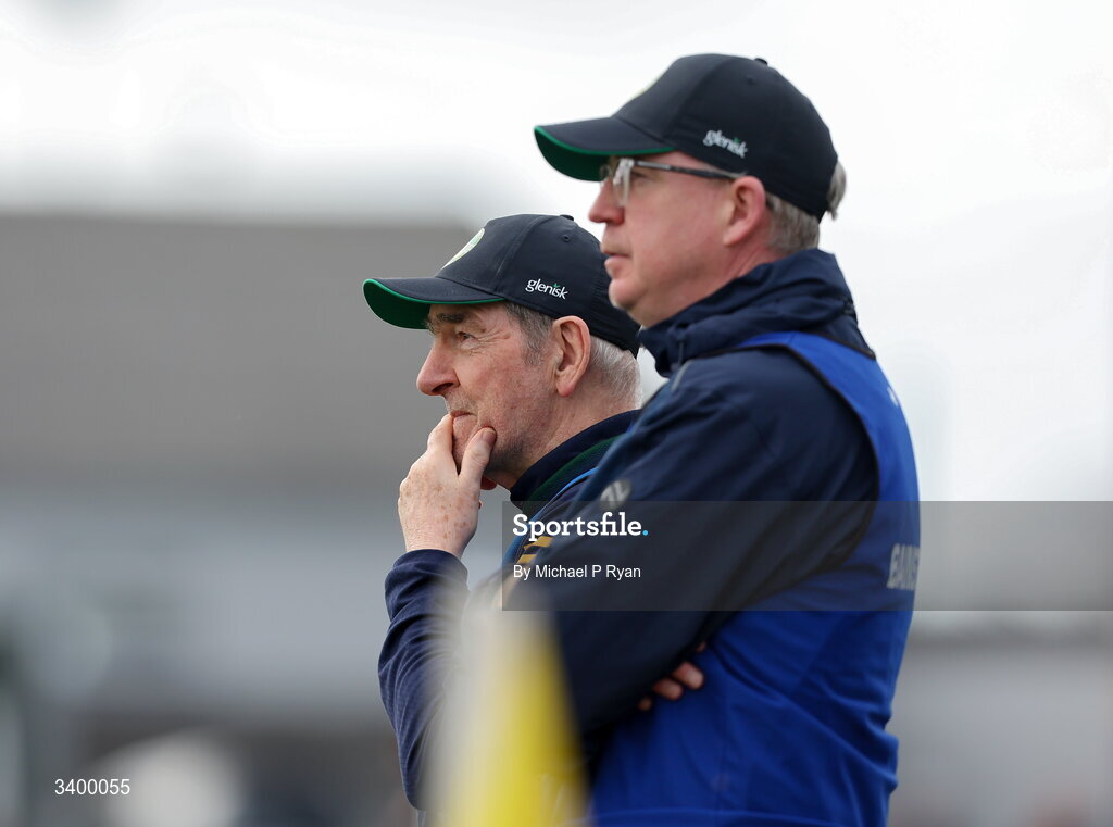22 March 2026; Offaly joint-manager's Mickey Harte, left, and Declan Kelly during the Allianz Football League Division 2 match between Offaly and Meath at Glenisk O'Connor Park in Tullamore, Offaly. Photo by Michael P Ryan/Sportsfile