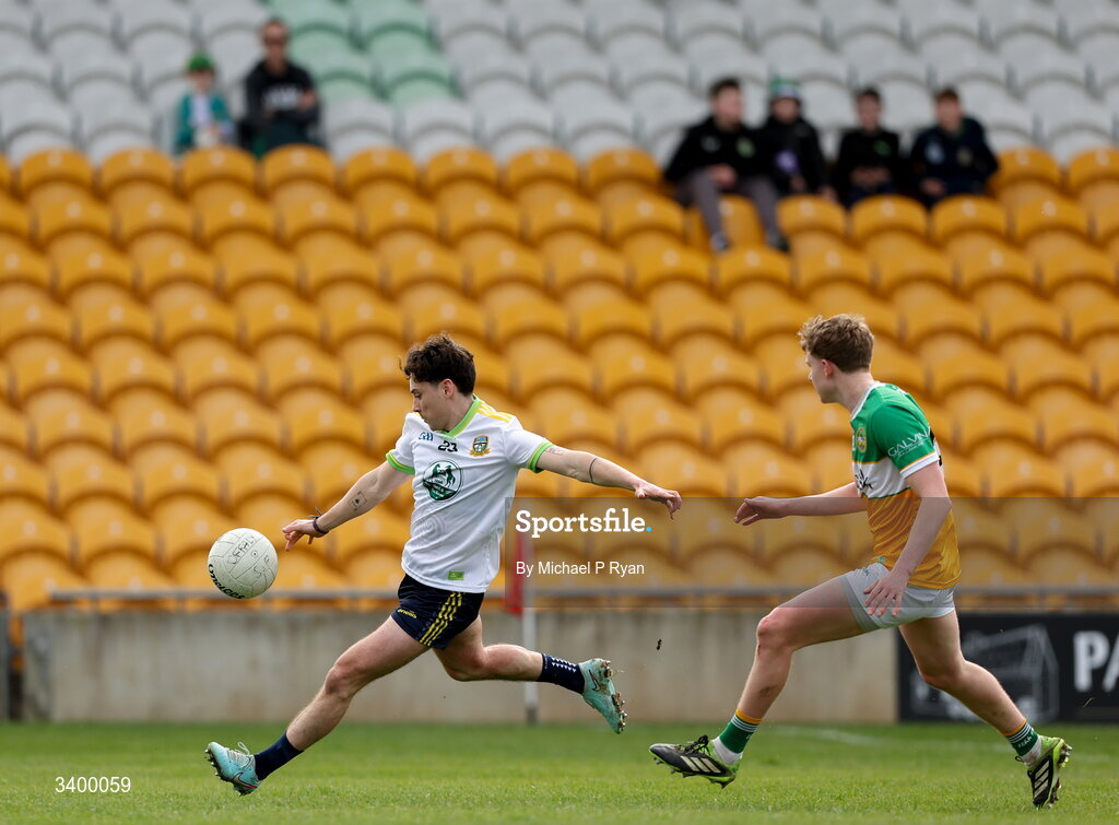 22 March 2026; James Conlon of Meath in action against Daire McDaid of Offaly during the Allianz Football League Division 2 match between Offaly and Meath at Glenisk O'Connor Park in Tullamore, Offaly. Photo by Michael P Ryan/Sportsfile