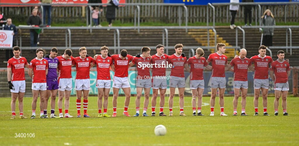22 March 2026; The Cork team stands for the national anthem beforethe Allianz Football League Division 2 match between Tyrone and Cork at O'Neills Healy Park in Omagh, Tyrone. Photo by Oliver McVeigh/Sportsfile