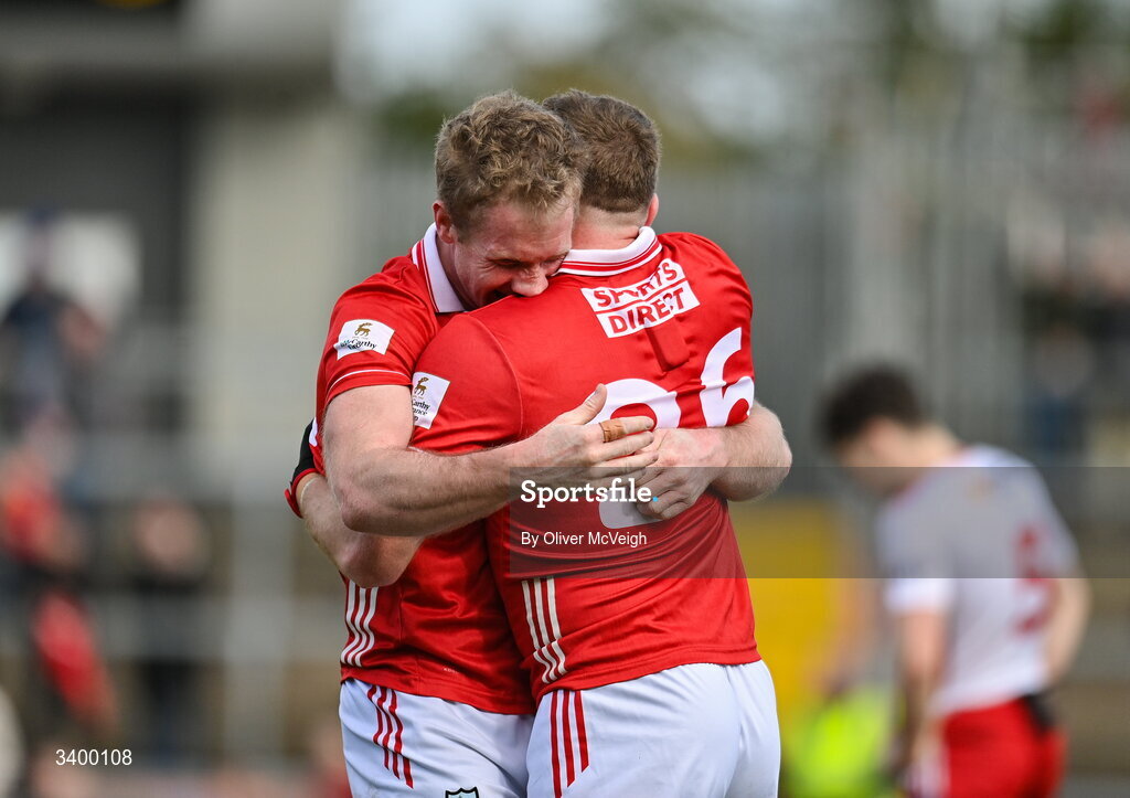 22 March 2026; Ruairi Deane of Cork celebrates with Brian Hurley of Cork after the Allianz Football League Division 2 match between Tyrone and Cork at O'Neills Healy Park in Omagh, Tyrone. Photo by Oliver McVeigh/Sportsfile