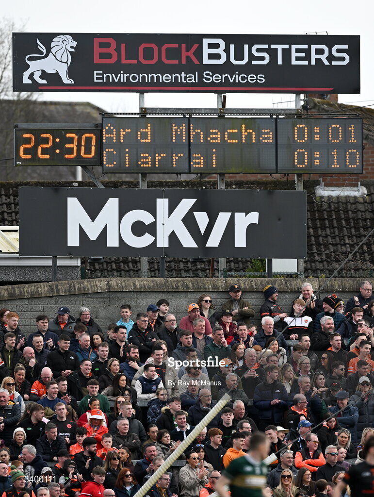 22 March 2026; The score board reflects Armagh's first point, in the 23rd minute, during the Allianz Football League Division 1 match between Armagh and Kerry at BOX-IT Athletic Grounds in Armagh. Photo by Ray McManus/Sportsfile