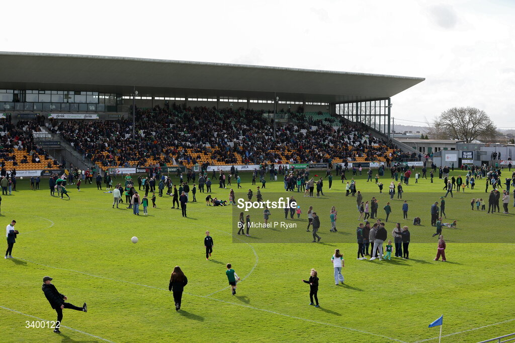 22 March 2026; Spectators on the pitch at half time during the Allianz Football League Division 2 match between Offaly and Meath at Glenisk O'Connor Park in Tullamore, Offaly. Photo by Michael P Ryan/Sportsfile