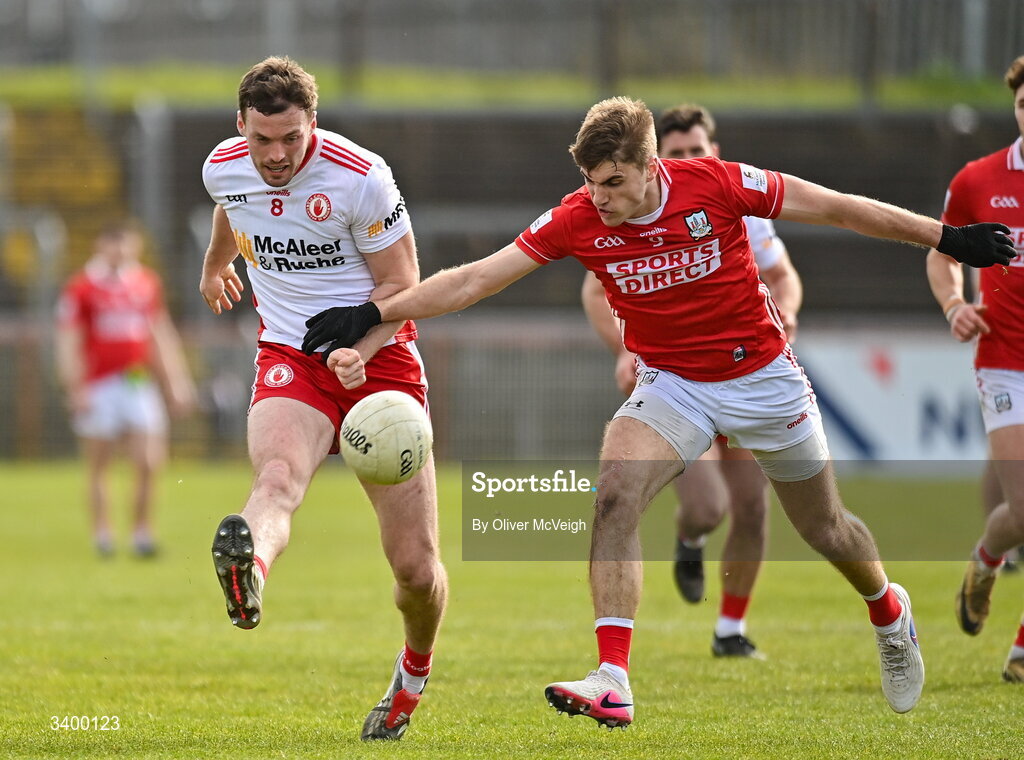 22 March 2026; Brian Kennedy of Tyrone in action against Ian Maguire of Cork during the Allianz Football League Division 2 match between Tyrone and Cork at O'Neills Healy Park in Omagh, Tyrone. Photo by Oliver McVeigh/Sportsfile
