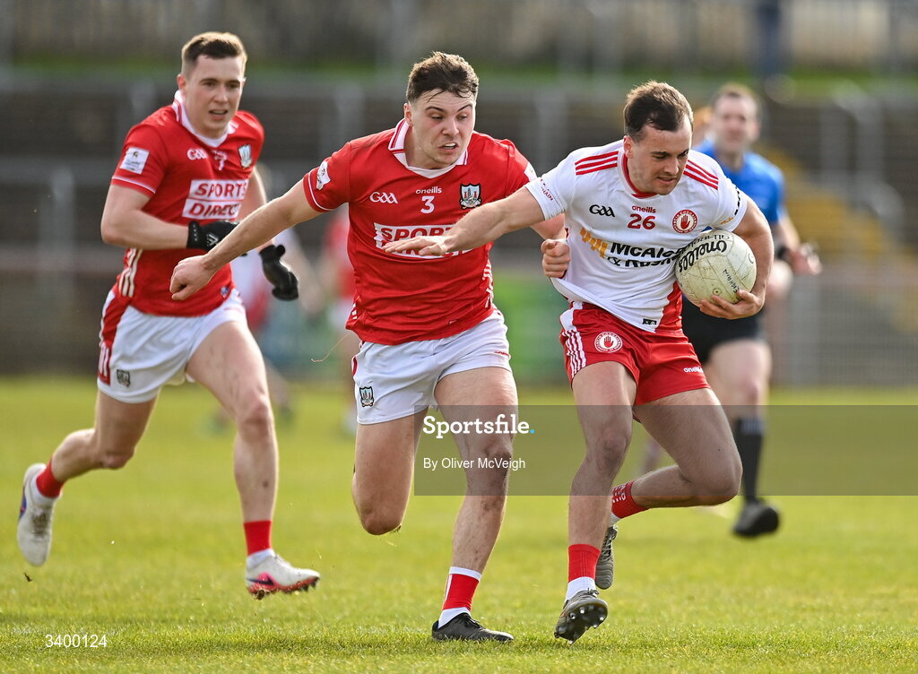 22 March 2026; Darragh Canavan of Tyrone in action against Daniel O"Mahony of Cork during the Allianz Football League Division 2 match between Tyrone and Cork at O'Neills Healy Park in Omagh, Tyrone. Photo by Oliver McVeigh/Sportsfile