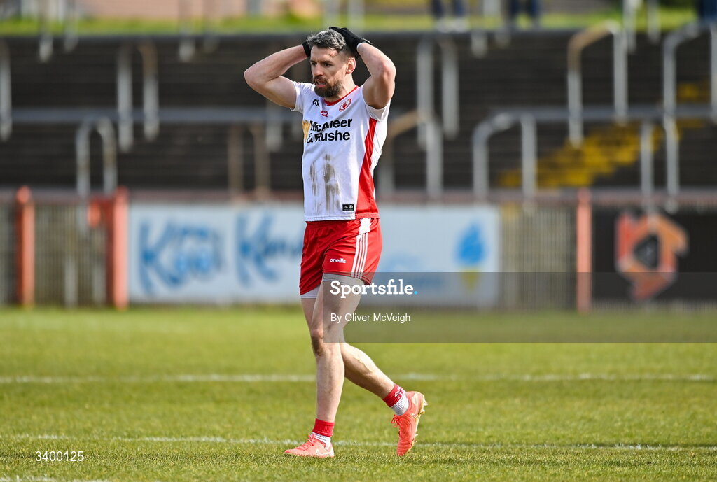 22 March 2026; A dejected Mattie Donnelly of Tyrone during the Allianz Football League Division 2 match between Tyrone and Cork at O'Neills Healy Park in Omagh, Tyrone. Photo by Oliver McVeigh/Sportsfile