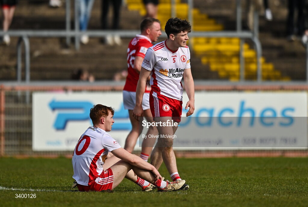 22 March 2026; Dejected Seanie O"Donnell and Joey Clarke of Tyrone after the Allianz Football League Division 2 match between Tyrone and Cork at O'Neills Healy Park in Omagh, Tyrone. Photo by Oliver McVeigh/Sportsfile