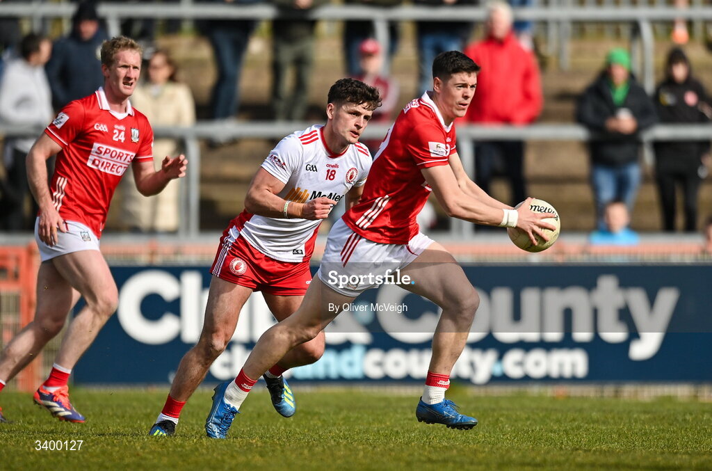 22 March 2026; Rory Maguire of Cork in action against Michael McKernan of Tyrone during the Allianz Football League Division 2 match between Tyrone and Cork at O'Neills Healy Park in Omagh, Tyrone. Photo by Oliver McVeigh/Sportsfile