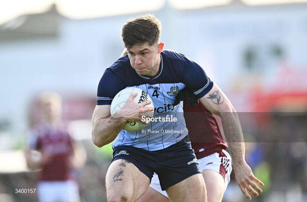 22 March 2026; David Byrne of Dublin in action against Shane McGrath of Galway during the Allianz Football League Division 1 match between Galway and Dublin at Pearse Stadium in Galway. Photo by Piaras Ó Mídheach/Sportsfile