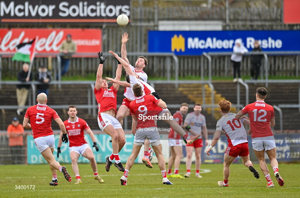 22 March 2026; Brian Kennedy of Tyrone in action against Colm O"Callaghan of Cork during the Allianz Football League Division 2 match between Tyrone and Cork at O'Neills Healy Park in Omagh, Tyrone. Photo by Oliver McVeigh/Sportsfile