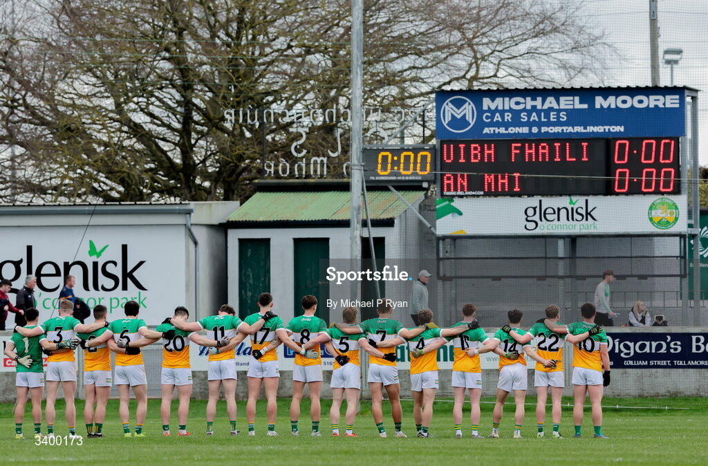 22 March 2026; Offaly players during the playing of Amhrán na bhFiann before the Allianz Football League Division 2 match between Offaly and Meath at Glenisk O'Connor Park in Tullamore, Offaly. Photo by Michael P Ryan/Sportsfile