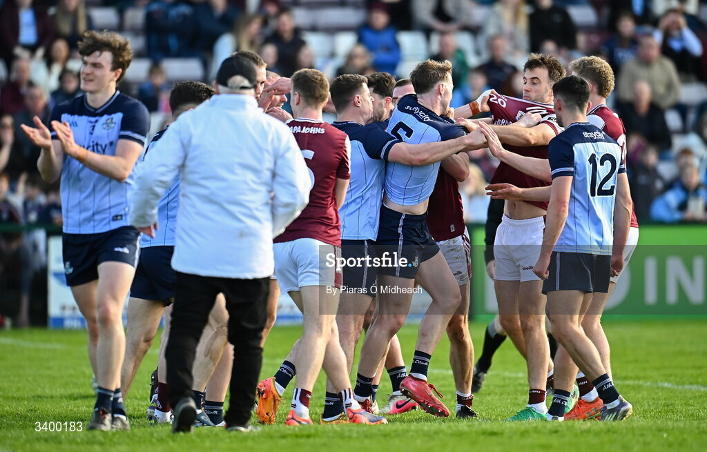 22 March 2026; Players tussle at half-time during the Allianz Football League Division 1 match between Galway and Dublin at Pearse Stadium in Galway. Photo by Piaras Ó Mídheach/Sportsfile