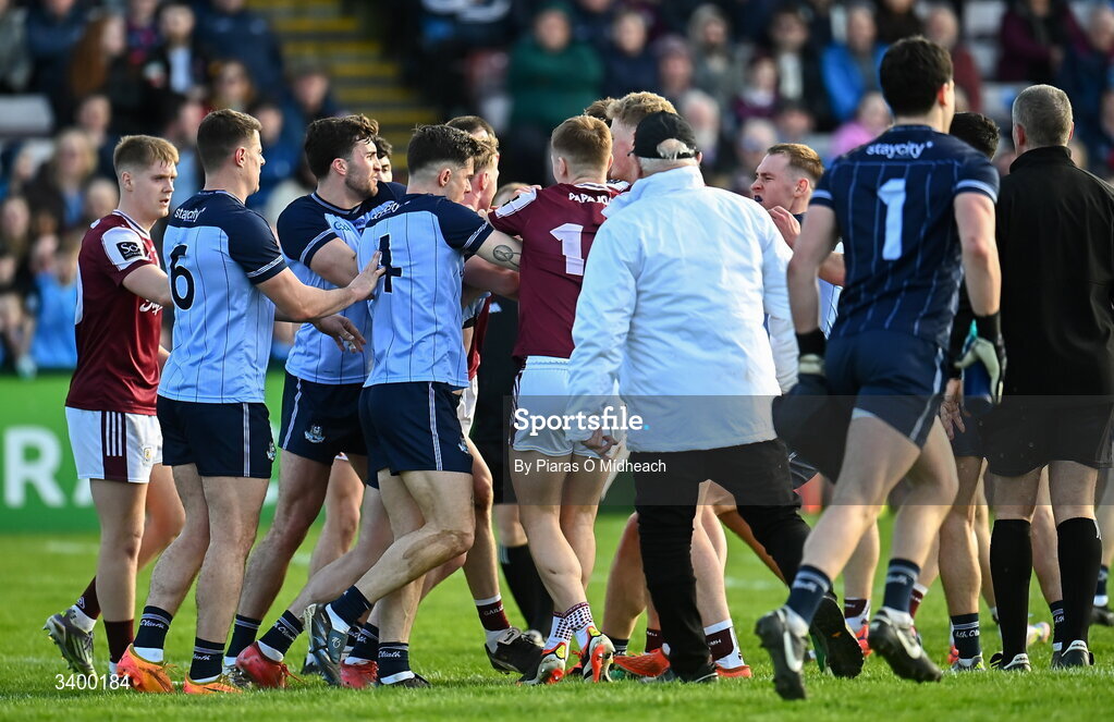 22 March 2026; Players tussle at half-time during the Allianz Football League Division 1 match between Galway and Dublin at Pearse Stadium in Galway. Photo by Piaras Ó Mídheach/Sportsfile