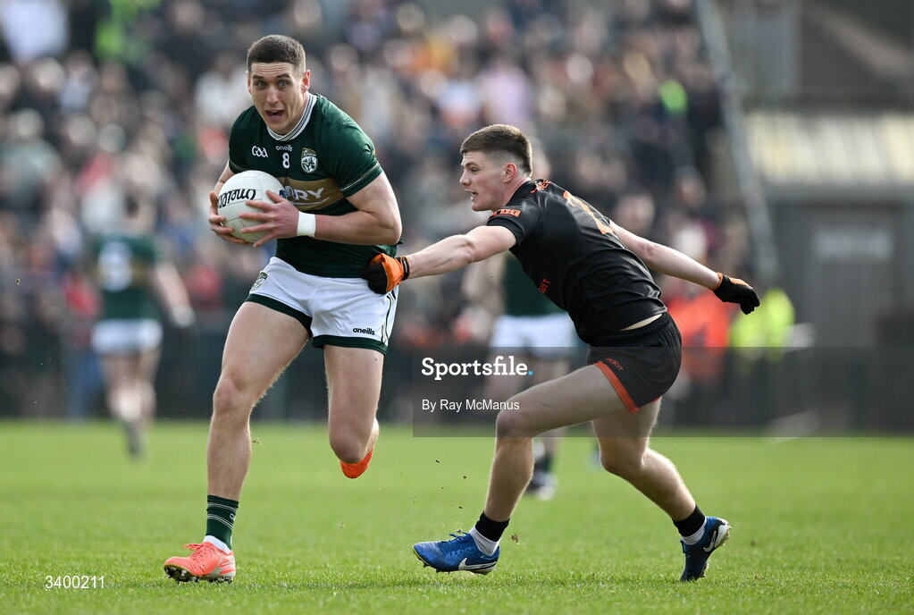 22 March 2026; Joe O'Connor of Kerry is tackled by Gareth Murphy of Armagh during the Allianz Football League Division 1 match between Armagh and Kerry at BOX-IT Athletic Grounds in Armagh. Photo by Ray McManus/Sportsfile