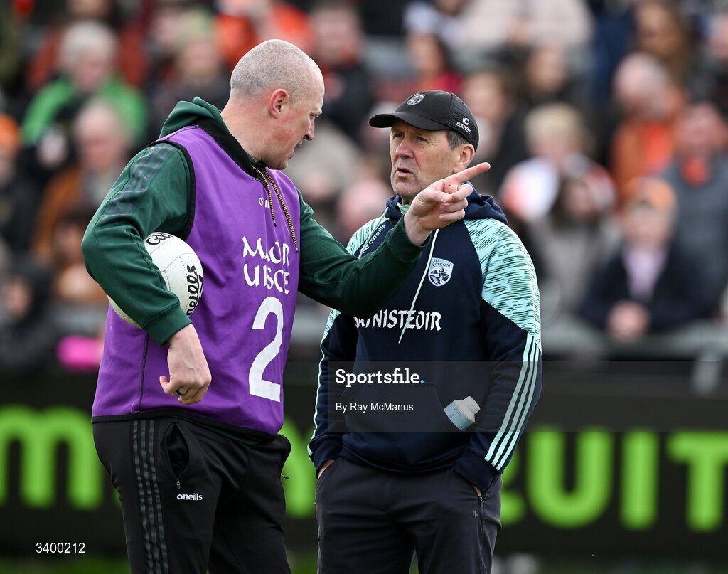 22 March 2026; Kerry manager Jack O'Connor and Kieran Donaghy, left, before the Allianz Football League Division 1 match between Armagh and Kerry at BOX-IT Athletic Grounds in Armagh. Photo by Ray McManus/Sportsfile