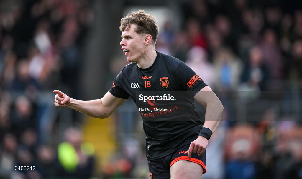 22 March 2026; Oisín O'Neill of Armagh celebrates a goal, in the 42nd minute, during the Allianz Football League Division 1 match between Armagh and Kerry at BOX-IT Athletic Grounds in Armagh. Photo by Ray McManus/Sportsfile