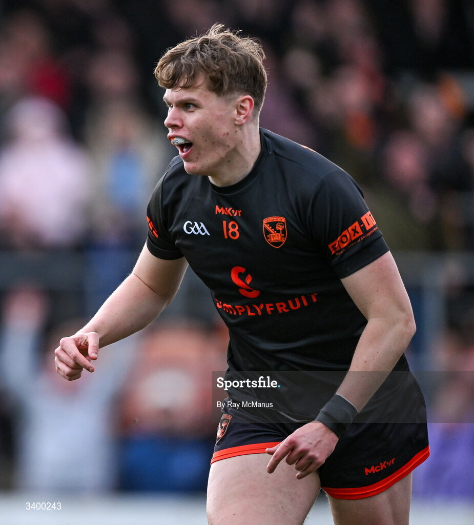 22 March 2026; Oisín O'Neill of Armagh celebrates a goal, in the 42nd minute, during the Allianz Football League Division 1 match between Armagh and Kerry at BOX-IT Athletic Grounds in Armagh. Photo by Ray McManus/Sportsfile