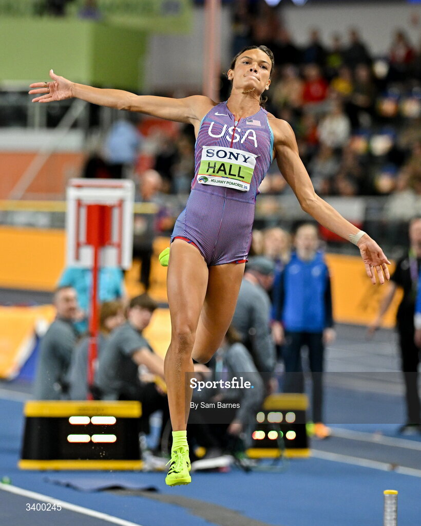22 March 2026; Anna Hall of United States competes in the Women's long jump event in the Women's Pentathlon during day three of the World Athletics Indoor Championships at Kujawsko-Pomorska Arena in Torun, Poland. Photo by Sam Barnes/Sportsfile