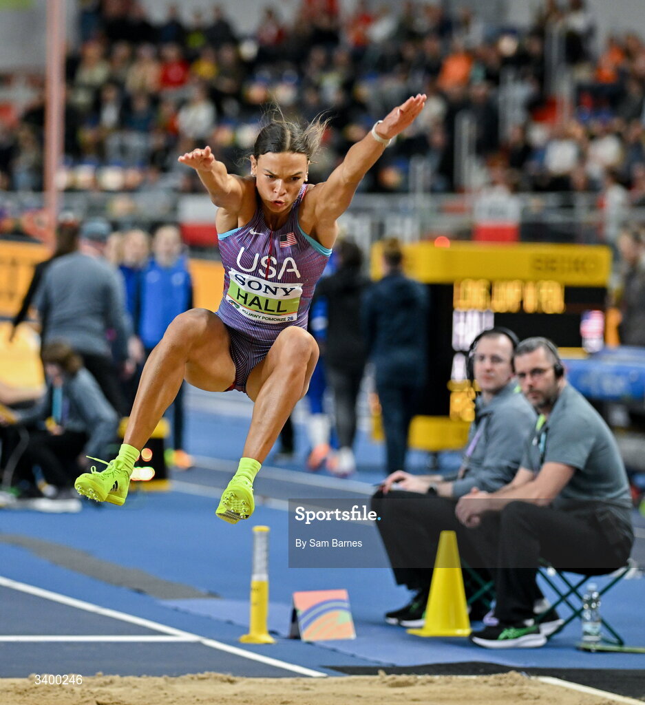 22 March 2026; Anna Hall of United States competes in the Women's long jump event in the Women's Pentathlon during day three of the World Athletics Indoor Championships at Kujawsko-Pomorska Arena in Torun, Poland. Photo by Sam Barnes/Sportsfile