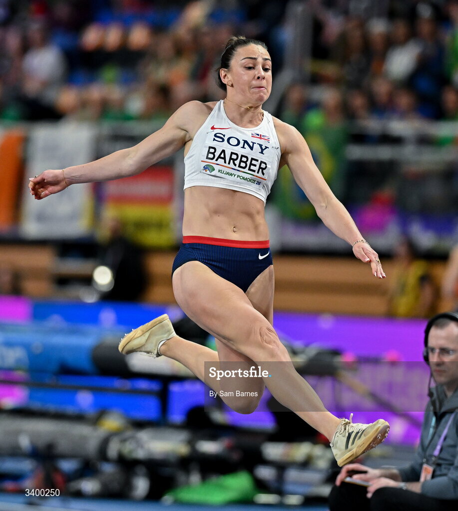 22 March 2026; Ellen Barber of Great Britain competes in the Women's long jump event in the Women's Pentathlon during day three of the World Athletics Indoor Championships at Kujawsko-Pomorska Arena in Torun, Poland. Photo by Sam Barnes/Sportsfile