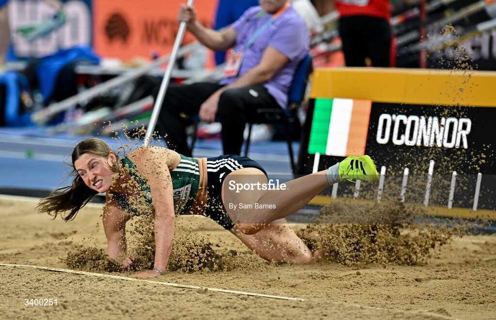 22 March 2026; Kate O'Connor of Ireland competes in the Women's long jump event in the Women's Pentathlon during day three of the World Athletics Indoor Championships at Kujawsko-Pomorska Arena in Torun, Poland. Photo by Sam Barnes/Sportsfile