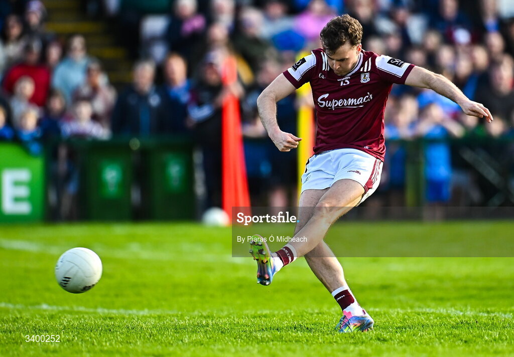 22 March 2026; Robert Finnerty of Galway takes a penalty that was saved by Dublin goalkeeper Hugh O'Sullivan during the Allianz Football League Division 1 match between Galway and Dublin at Pearse Stadium in Galway. Photo by Piaras Ó Mídheach/Sportsfile