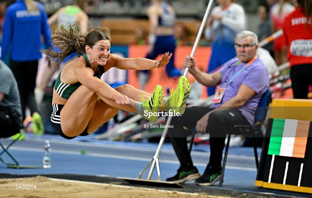 22 March 2026; Kate O'Connor of Ireland competes in the Women's long jump event in the Women's Pentathlon during day three of the World Athletics Indoor Championships at Kujawsko-Pomorska Arena in Torun, Poland. Photo by Sam Barnes/Sportsfile
