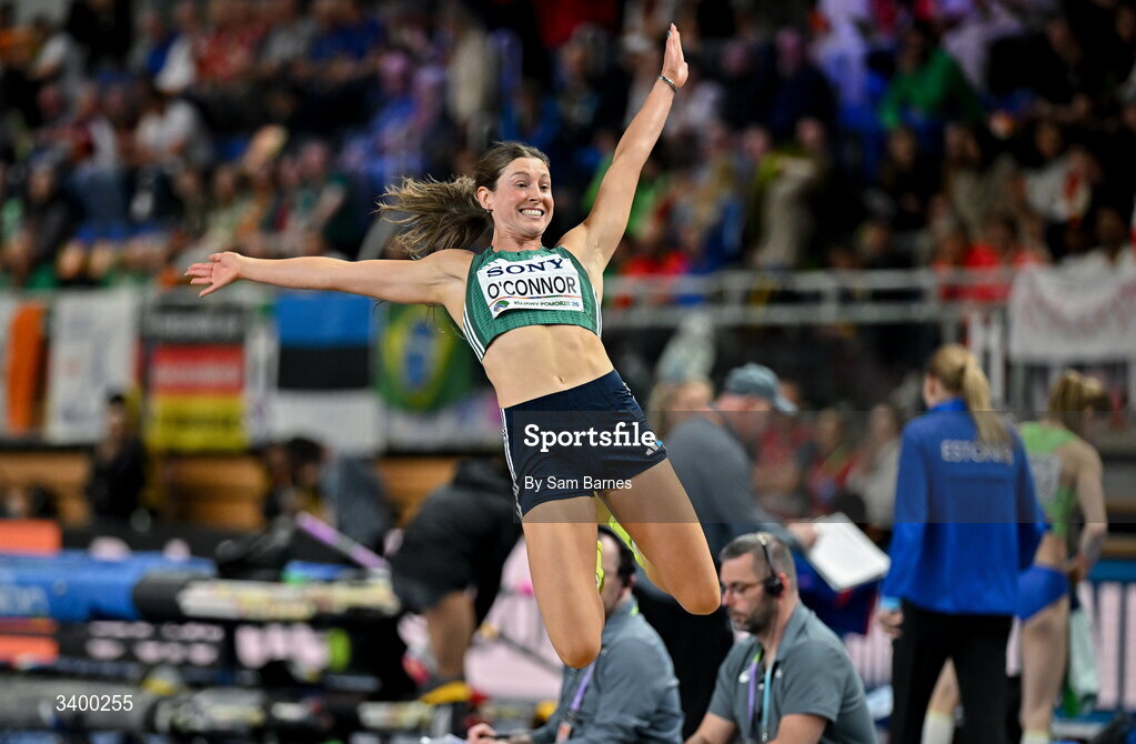 22 March 2026; Kate O'Connor of Ireland competes in the Women's long jump event in the Women's Pentathlon during day three of the World Athletics Indoor Championships at Kujawsko-Pomorska Arena in Torun, Poland. Photo by Sam Barnes/Sportsfile