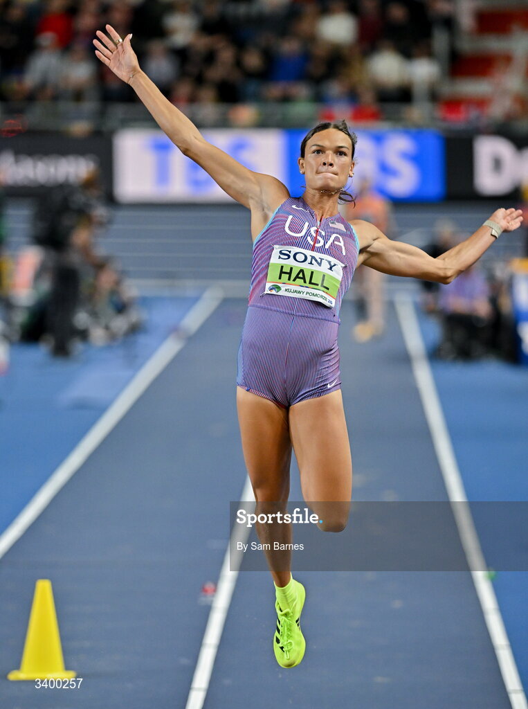 22 March 2026; Anna Hall of United States competes in the Women's long jump event in the Women's Pentathlon during day three of the World Athletics Indoor Championships at Kujawsko-Pomorska Arena in Torun, Poland. Photo by Sam Barnes/Sportsfile