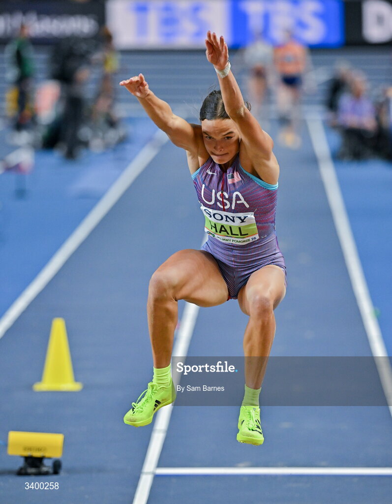 22 March 2026; Anna Hall of United States competes in the Women's long jump event in the Women's Pentathlon during day three of the World Athletics Indoor Championships at Kujawsko-Pomorska Arena in Torun, Poland. Photo by Sam Barnes/Sportsfile