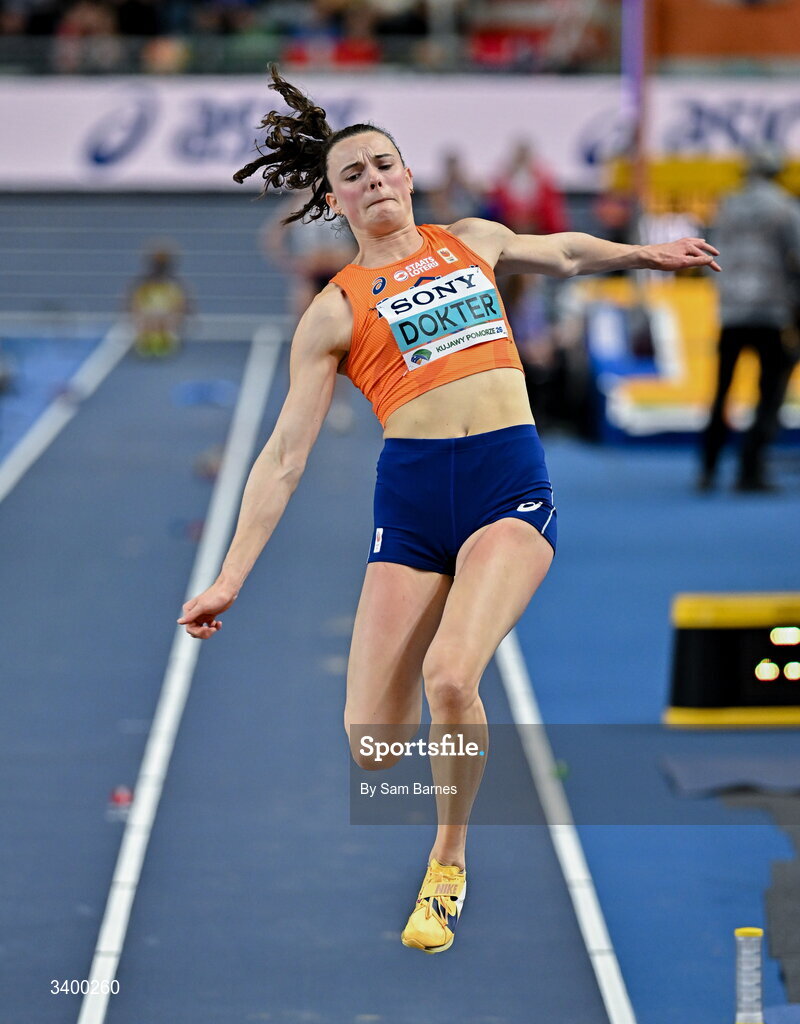 22 March 2026; Sofie Dokter of Netherlands competes in the Women's long jump event in the Women's Pentathlon during day three of the World Athletics Indoor Championships at Kujawsko-Pomorska Arena in Torun, Poland. Photo by Sam Barnes/Sportsfile