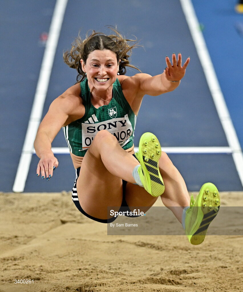 22 March 2026; Kate O'Connor of Ireland competes in the Women's long jump event in the Women's Pentathlon during day three of the World Athletics Indoor Championships at Kujawsko-Pomorska Arena in Torun, Poland. Photo by Sam Barnes/Sportsfile