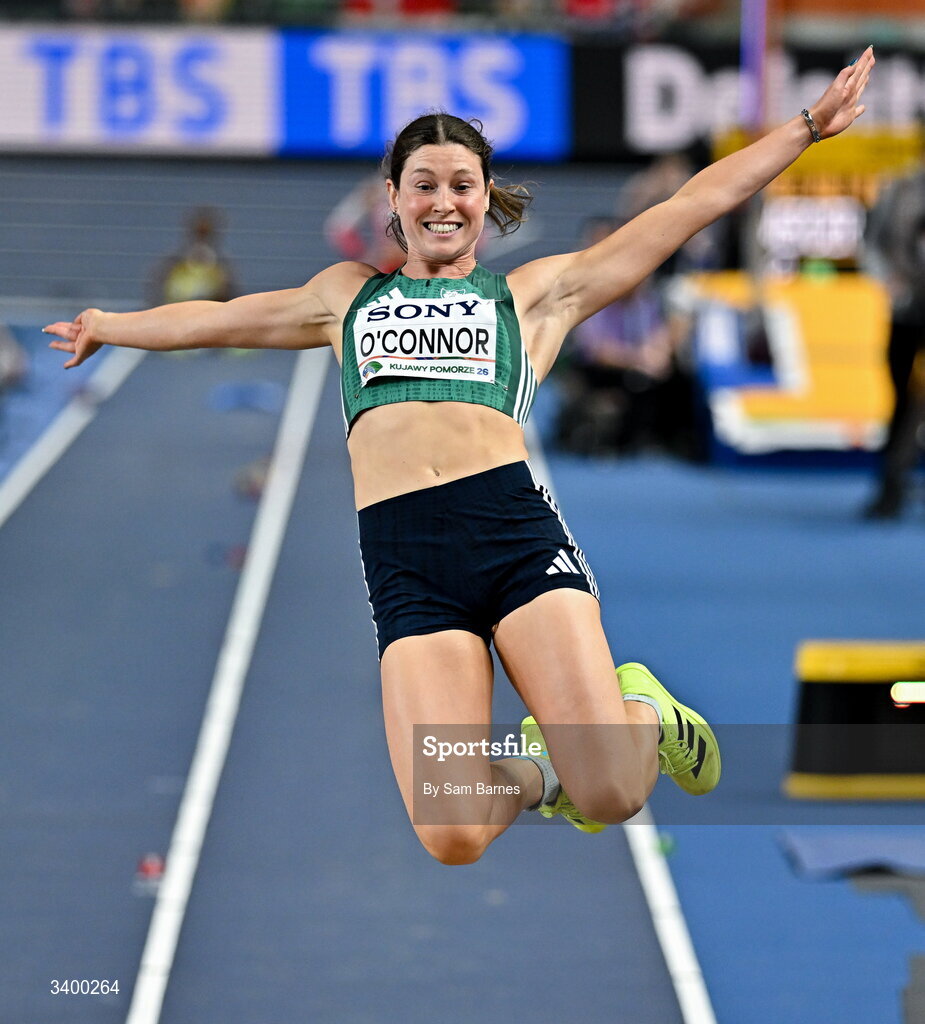 22 March 2026; Kate O'Connor of Ireland competes in the Women's long jump event in the Women's Pentathlon during day three of the World Athletics Indoor Championships at Kujawsko-Pomorska Arena in Torun, Poland. Photo by Sam Barnes/Sportsfile