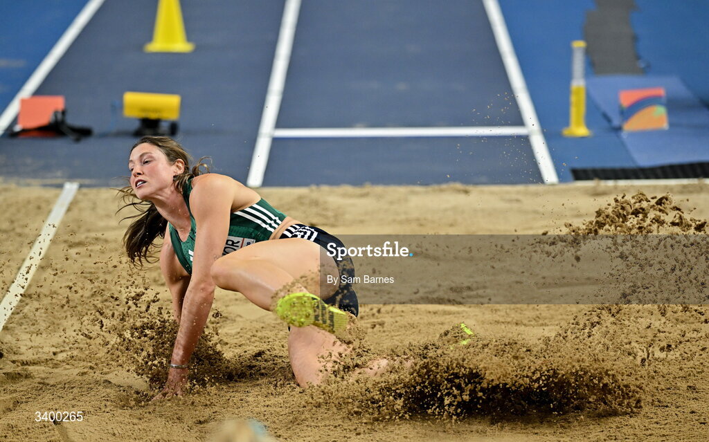 22 March 2026; Kate O'Connor of Ireland competes in the Women's long jump event in the Women's Pentathlon during day three of the World Athletics Indoor Championships at Kujawsko-Pomorska Arena in Torun, Poland. Photo by Sam Barnes/Sportsfile
