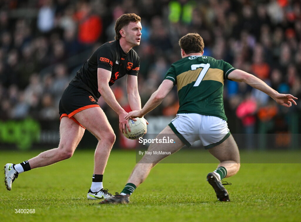 22 March 2026; Callum O'Neill of Armagh in action against Armin Heinrich of Kerry during the Allianz Football League Division 1 match between Armagh and Kerry at BOX-IT Athletic Grounds in Armagh. Photo by Ray McManus/Sportsfile
