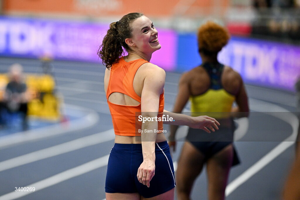 22 March 2026; Sofie Dokter of Netherlands reacts after a jump in the Women's long jump event in the Women's Pentathlon during day three of the World Athletics Indoor Championships at Kujawsko-Pomorska Arena in Torun, Poland. Photo by Sam Barnes/Sportsfile