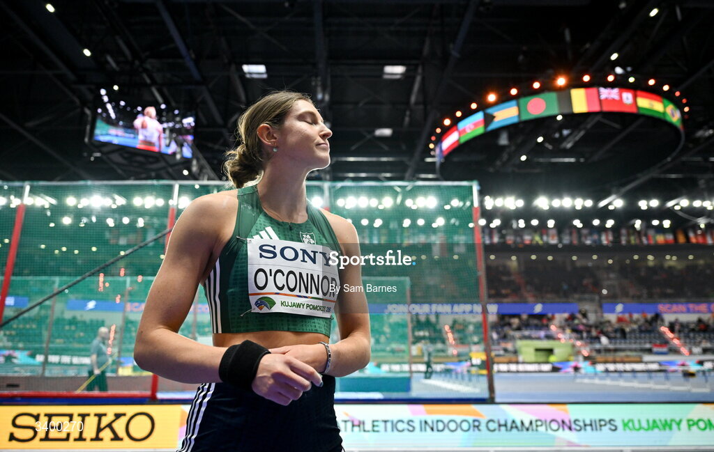 22 March 2026; Kate O'Connor of Ireland during the Women's long jump event in the Women's Pentathlon during day three of the World Athletics Indoor Championships at Kujawsko-Pomorska Arena in Torun, Poland. Photo by Sam Barnes/Sportsfile