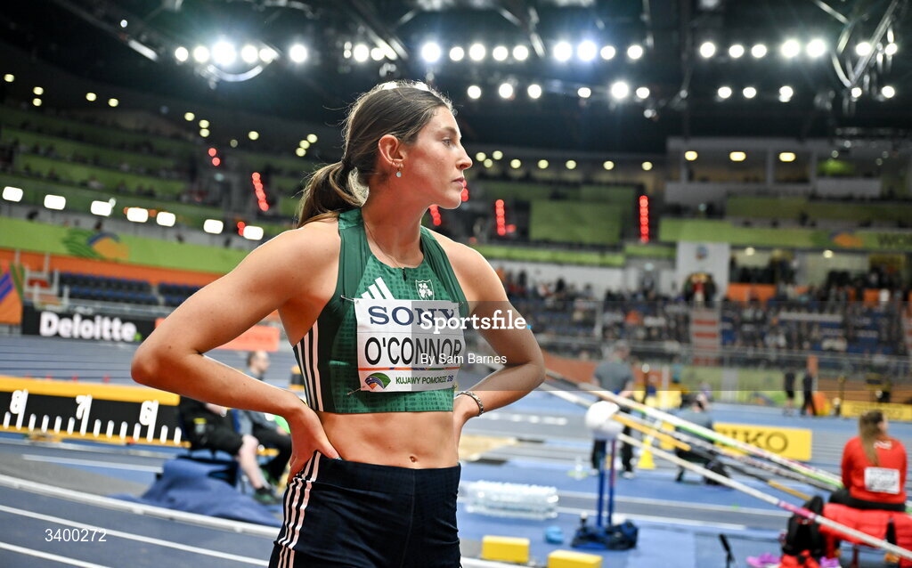 22 March 2026; Kate O'Connor of Ireland during the Women's long jump event in the Women's Pentathlon during day three of the World Athletics Indoor Championships at Kujawsko-Pomorska Arena in Torun, Poland. Photo by Sam Barnes/Sportsfile