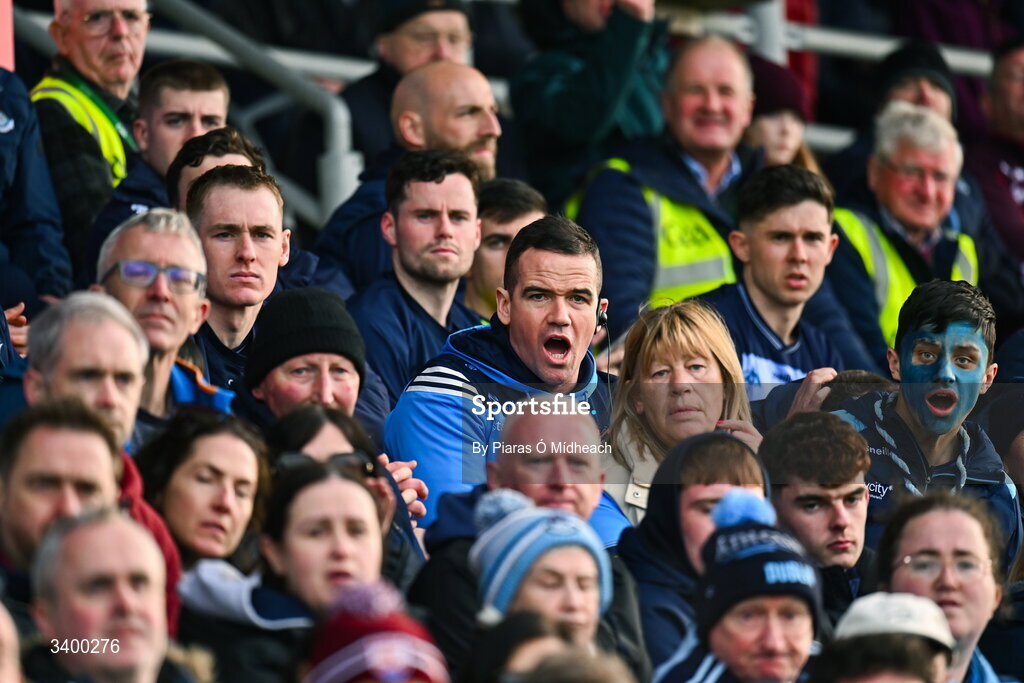 22 March 2026; Dublin manager Ger Brennan watches the closing moments of the second half from the stand, after he was sent off before the start of the second half, during the Allianz Football League Division 1 match between Galway and Dublin at Pearse Stadium in Galway. Photo by Piaras Ó Mídheach/Sportsfile