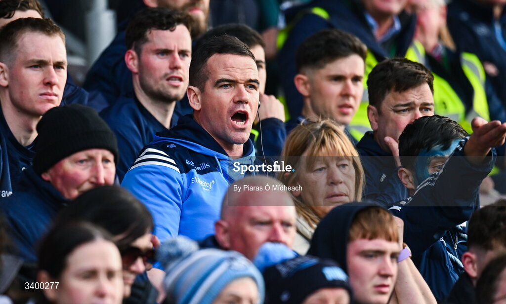 22 March 2026; Dublin manager Ger Brennan watches the closing moments of the second half from the stand, after he was sent off before the start of the second half, during the Allianz Football League Division 1 match between Galway and Dublin at Pearse Stadium in Galway. Photo by Piaras Ó Mídheach/Sportsfile
