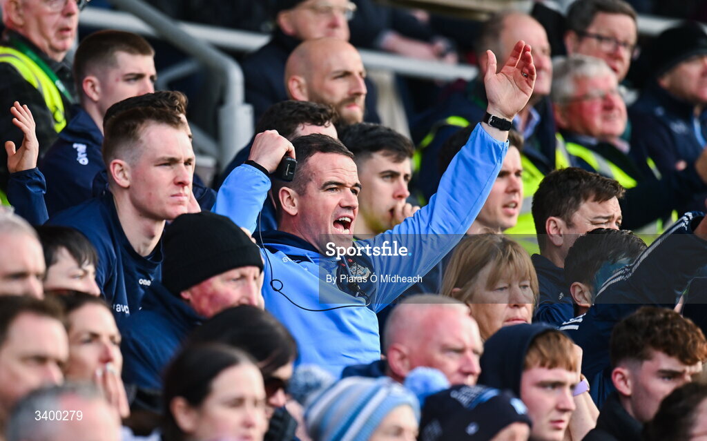 22 March 2026; Dublin manager Ger Brennan watches the closing moments of the second half from the stand, after he was sent off before the start of the second half, during the Allianz Football League Division 1 match between Galway and Dublin at Pearse Stadium in Galway. Photo by Piaras Ó Mídheach/Sportsfile