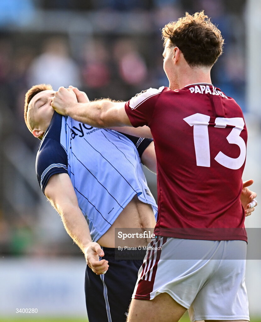 22 March 2026; Robert Finnerty of Galway and Eoin Murchan of Dublin tussle off the ball during the Allianz Football League Division 1 match between Galway and Dublin at Pearse Stadium in Galway. Photo by Piaras Ó Mídheach/Sportsfile