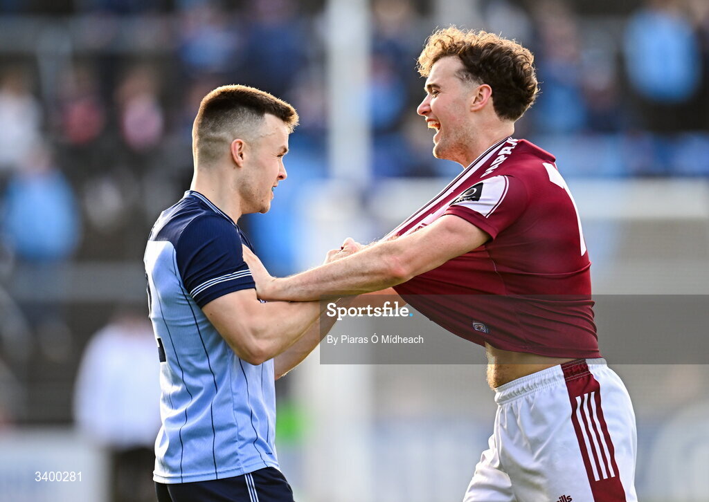 22 March 2026; Robert Finnerty of Galway and Eoin Murchan of Dublin tussle off the ball during the Allianz Football League Division 1 match between Galway and Dublin at Pearse Stadium in Galway. Photo by Piaras Ó Mídheach/Sportsfile