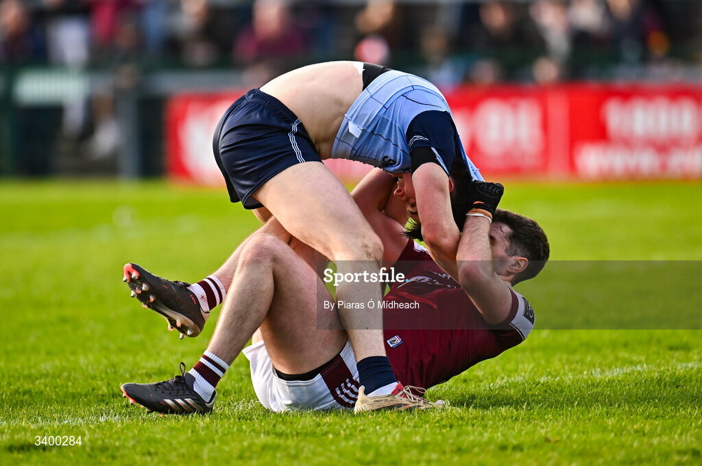 22 March 2026; Seán Ó Maoilchiaráin of Galway and Killian McGinnis of Dublin tussle off the ball during the Allianz Football League Division 1 match between Galway and Dublin at Pearse Stadium in Galway. Photo by Piaras Ó Mídheach/Sportsfile