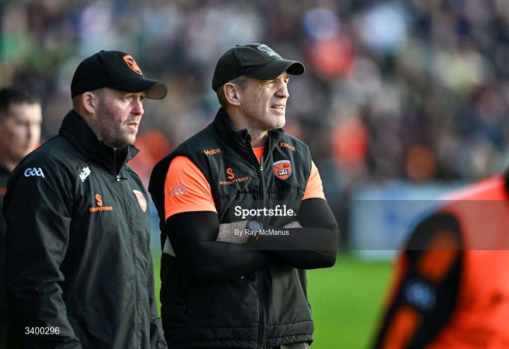 22 March 2026; Armagh manager Kieran McGeeney, right, watches the last minutes of the Allianz Football League Division 1 match between Armagh and Kerry at BOX-IT Athletic Grounds in Armagh. Photo by Ray McManus/Sportsfile