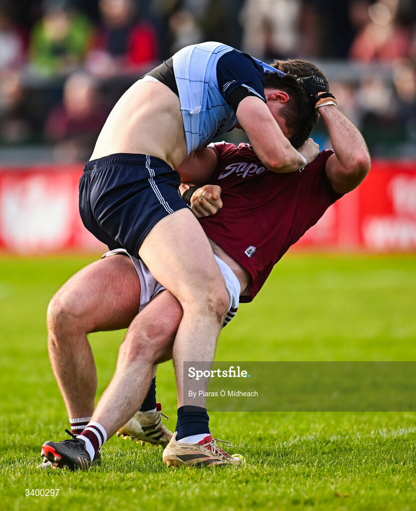 22 March 2026; Seán Ó Maoilchiaráin of Galway and Killian McGinnis of Dublin tussle off the ball during the Allianz Football League Division 1 match between Galway and Dublin at Pearse Stadium in Galway. Photo by Piaras Ó Mídheach/Sportsfile