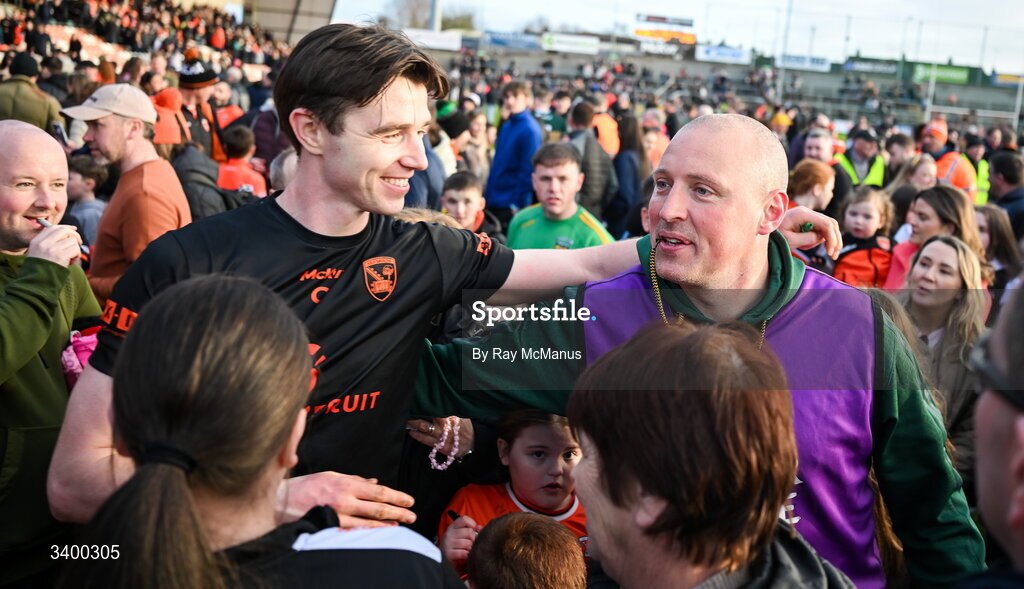22 March 2026; Ben Crealey of Armagh with Kerry selector and coach Kieran Donaghy after the Allianz Football League Division 1 match between Armagh and Kerry at BOX-IT Athletic Grounds in Armagh. Photo by Ray McManus/Sportsfile