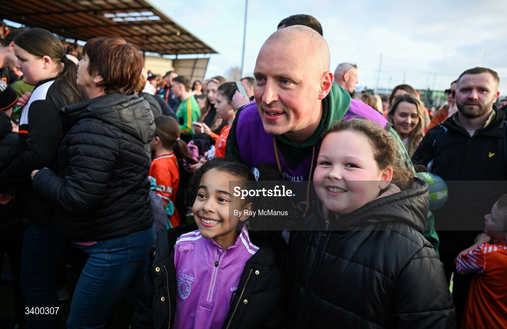 22 March 2026; Kerry selector and coach Kieran Donaghy with young supporters after the Allianz Football League Division 1 match between Armagh and Kerry at BOX-IT Athletic Grounds in Armagh. Photo by Ray McManus/Sportsfile